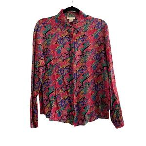 Christie & Jill Multi Color Abstract Floral Silk Button Down Blouse Size 12